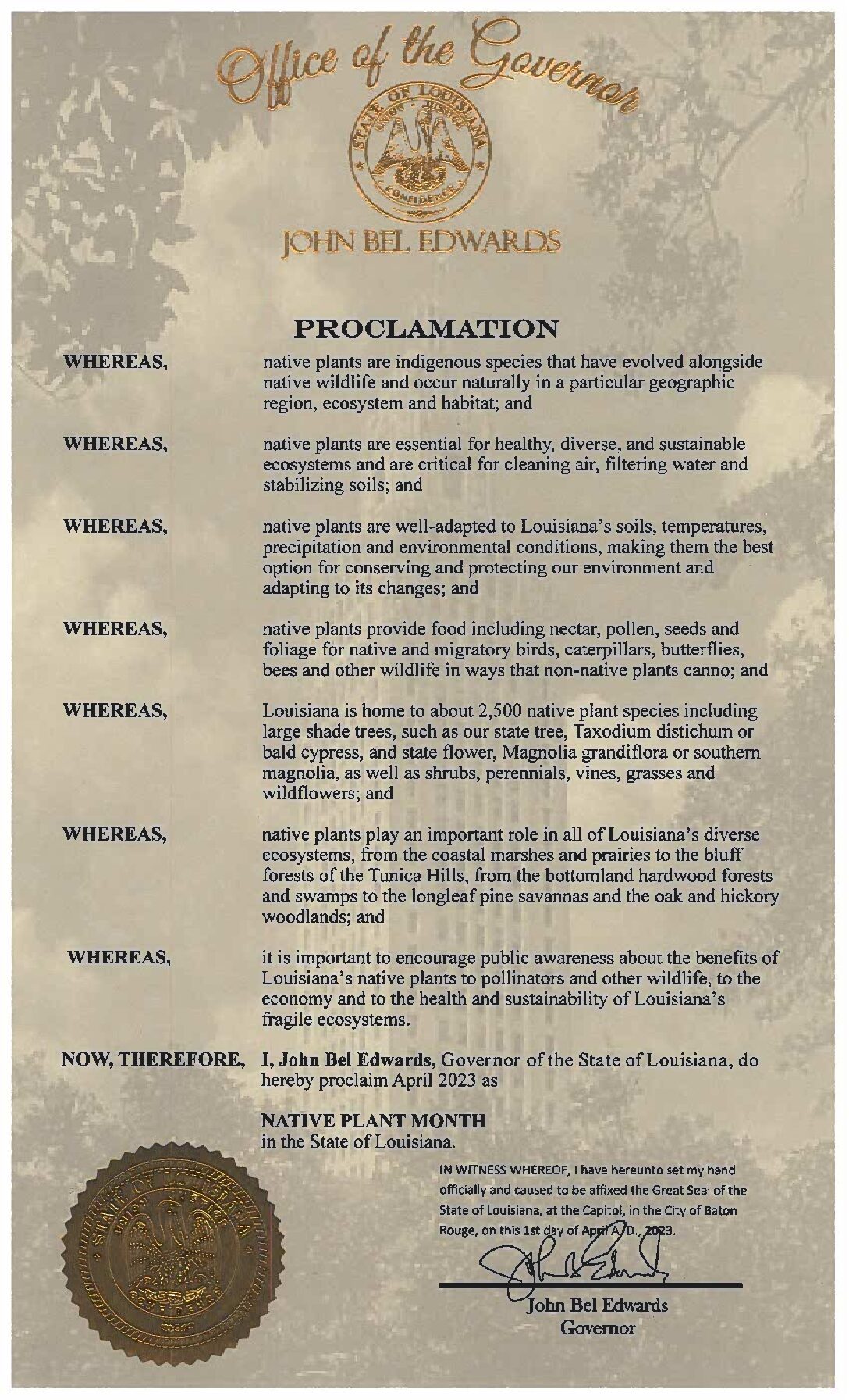 Native Plant Month in Louisiana – Gov. Edwards Issues Proclamation